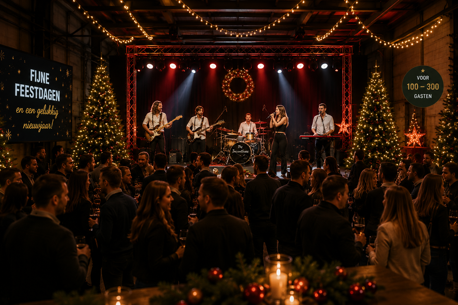 X-MAS@WORK kerstfeest in een sfeervol ingerichte bedrijfshal met liveband The Incentives